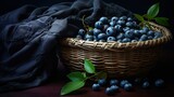 Fototapeta Kuchnia - Close-up of ripe blueberries and leaves in a basket on a dark table with a dark clothar