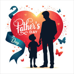 Wall Mural - father's day love heart background with dad and son silhouette 