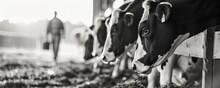 A Detailed View Of Black And White Holstein Dairy Cows Enjoying Their Meal, Peeking Curiously From Behind The Stall Fence In A Barn.