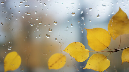 Wall Mural - yellow wet leaf on an autumn window in the rain, a background with  copy space, an abstract view from the window in October