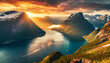 Piękny krajobraz fiordów o wschodzie słońca, tapeta generative ai