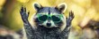 A comical picture features a raccoon sporting green sunglasses and making a rock gesture, injecting a playful sense of whimsy and defiance.