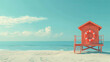 A tranquil beach scene with a striking red lifeguard hut and lifebuoy