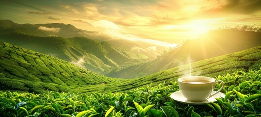 Wall Mural - Green tea cup with mountainous field plantation backdrop and ample space for text placement