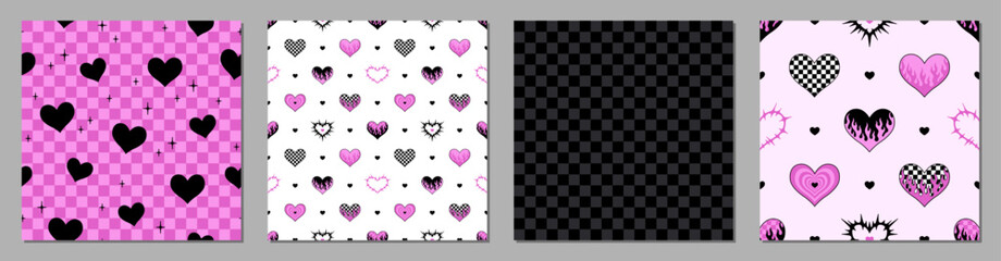 Wall Mural - Vector set. Y2k seamless patterns. Heart background. Black and pink. Fabric, textile print.