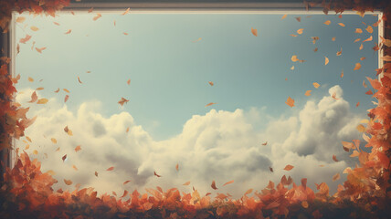 Wall Mural - autumn frame of dry falling yellow leaves against a blue sky with white clouds, an empty blank with a copy space