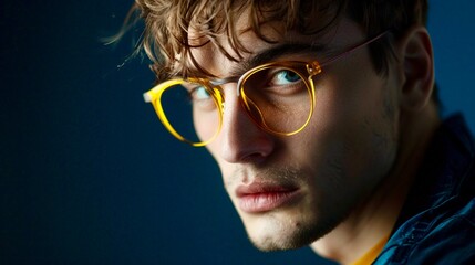 handsome man with in yellow frame eyeglasses on dark blue background, close up