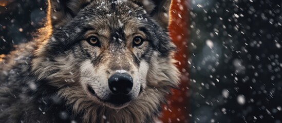 Poster - close up wolf with snowfall background