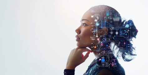 Wall Mural - a woman with a computer chip on her head. a profile view of an individual