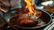 Sizzling Steak in a Pan with Flames, To showcase the art of cooking a delicious steak in a pan with flames and emphasize the focus on food