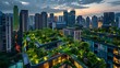Vibrant Sustainable Cityscape at Dusk with Green Roofs and Energy Efficient Buildings