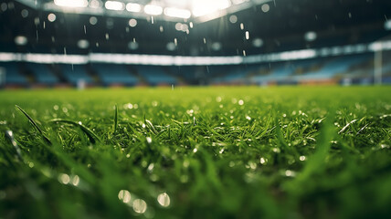 Wall Mural - green grass bottom view of a football stadium in the rain