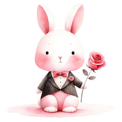 Wall Mural - Bunny in Suit with Rose Watercolor Painting
