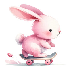 Wall Mural - Skateboarding Bunny Watercolor Illustration
