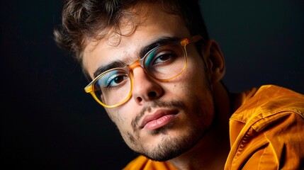 Handsome young man with brown curly hair wearing yellow rimmed glasses and yellow velour shirt on black solid background