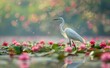 Graceful White Egret Amidst Autumn Blooms - A Serene Lakeside Moment Generative AI