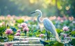 Egret's Serenity Amongst Lush Pink Blooms by Waterside Light Generative AI