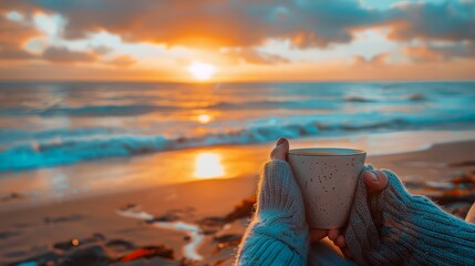 Wall Mural - Serene Beach Sunset View with Hands Holding Warm Cup of Coffee, Peaceful Coastal Scenery Concept