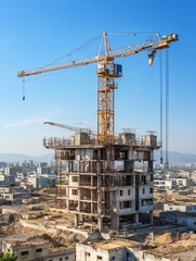 A crane and a building under construction against a blue sky background. Builders work on large construction sites, and there are many cranes working in the field of new construction.