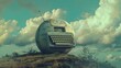 Surreal vintage typewriter in grassy field with cloudy sky, conceptual image for creativity, writing, storytelling, or imagination.