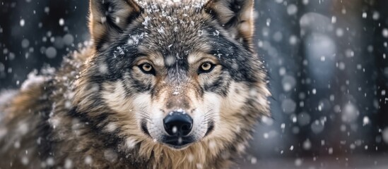 Poster - close up wolf with snowfall background