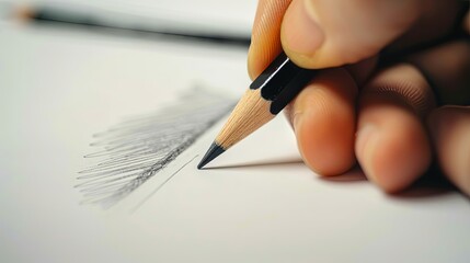 Closeup of hand with pencil drawing on white blank white paper