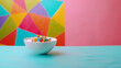 Bol de cereales azucarados de colores con leche sobre divertido fondo multicolor 