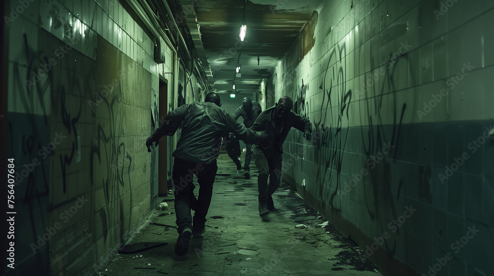 Zombies Running in Dark Hallway and Abandoned Basement in a Post ...