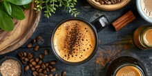 Morning Routine Adding MCT Oil To Coffee Or Smoothies For Kickstart Energy . Concept Healthy Habits, Morning Routines, MCT Oil Benefits, Energy Boost, Coffee And Smoothies