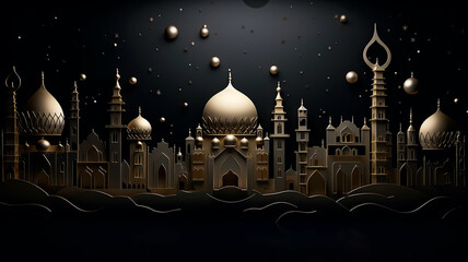 Wall Mural - golden arab palace greeting lights up at night fairy tale black background.