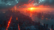 city skyline shrouded in dense smog or haze at sunset elevated view