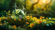 Simulated globe surrounded by natural environment with blooming flowers and small trees, windmills and solar panels.
