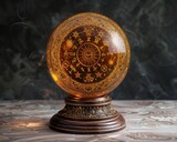 Fototapeta Kosmos - Intricate Zodiac symbols etched on gypsys crystal ball stand whispering tales of ancient knowledge and starry secrets.