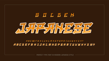 Wall Mural - Golden Japanese style vector type font (vector template). Perfect Asian Typography japan or chinesse style font. English Japanese letters for logo and sign design
