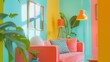 Dopamine Decor Interior Design. Energizing bright living room dopamine decor. Interior design trend photo backdrop. Happiness positivity concept