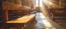 benches in the church, sun rays