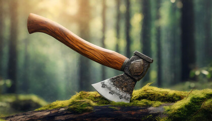 Wall Mural - Old sharp axe with wooden handle in dark forest. Woodcutter's tool. Green moss.