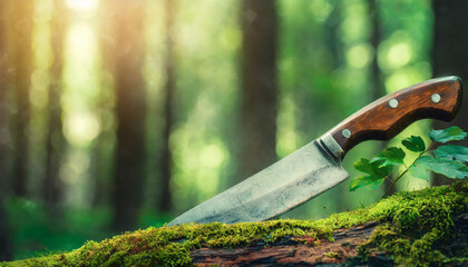 Old sharp hunting knife with wooden handle in dark forest. Green moss.