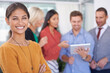 © peopleimages.com - Happy woman, portrait and creative team with tablet for meeting, planning or brainstorming in leadership at office. Female person with smile in confidence, startup mentorship or project on technology