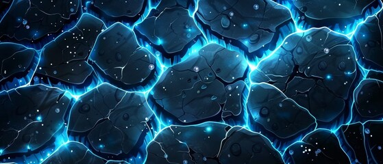 Wall Mural - Ground cracks in an abstract manner, with blue holes glowing on a black background, mist and sparkling particles, electric discharge, magic energy effect, explosion demolition, and a blue hole