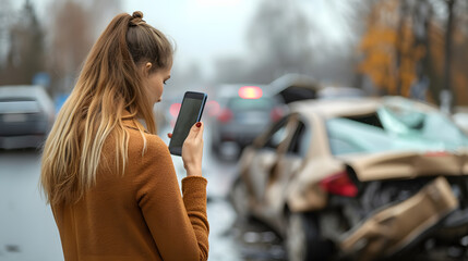 Wall Mural - A stressed female driver talking phone about a car collision scene, auto damage, insurance