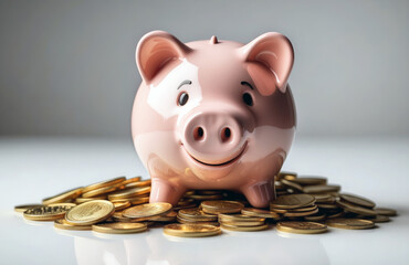 Piggy bank with golden coins saving money concept on isolated background. 
