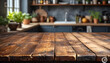 The wood table top on the blurred kitchen counter (room)background.