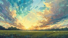 Sunset over the meadow. Vector illustration. Nature background.