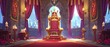 Throne of golden throne sat on pedestal with golden crown in the hall of a castle, with red carpet and wall curtains, flags, columns, chandelier, roses and candles