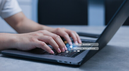 Wall Mural - close up man hand type to access privacy profile on account in online system by put username and pas