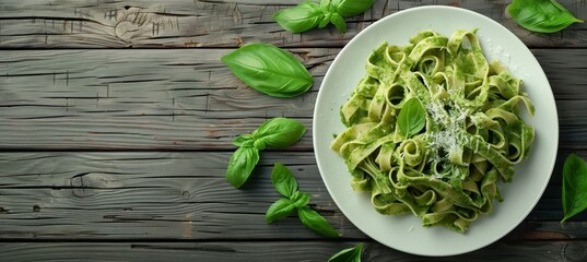 Wall Mural - Tagliatelle pasta with pesto sauce and parmesan cheese on plate in modern restaurant
