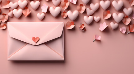 Poster - Close-up of the pink envelope with a red postcard, top view. Valentine's Day card.