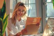 Successful businesswoman boss working inside office with laptop, employee received mail envelope letter with notification message, blonde woman reading and smiling good news, Generative AI