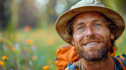 Adult male hiker with a backpack outdoors